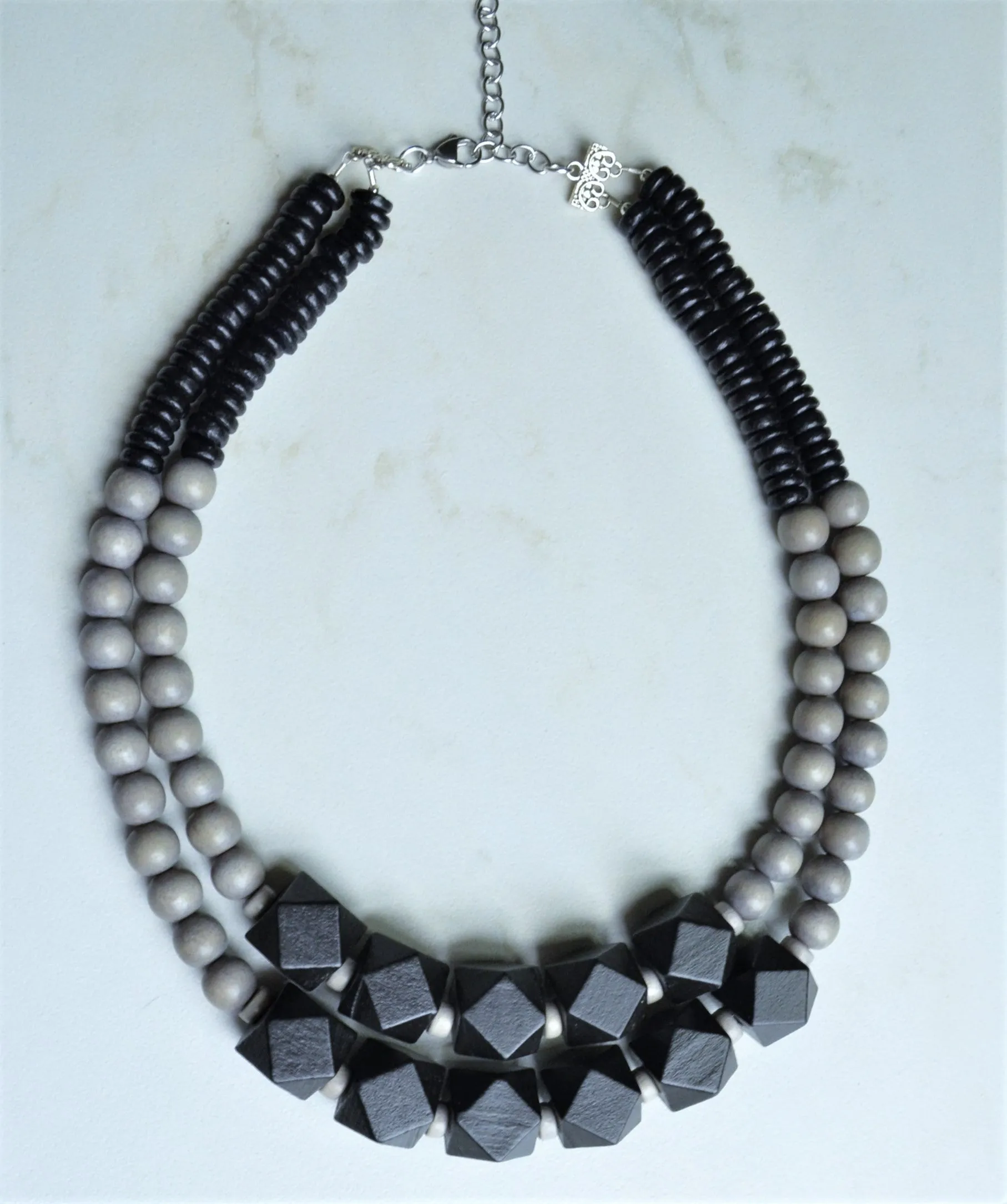 Black Gray Wood Beaded Chunky Block Bead Statement Necklace - Riley
