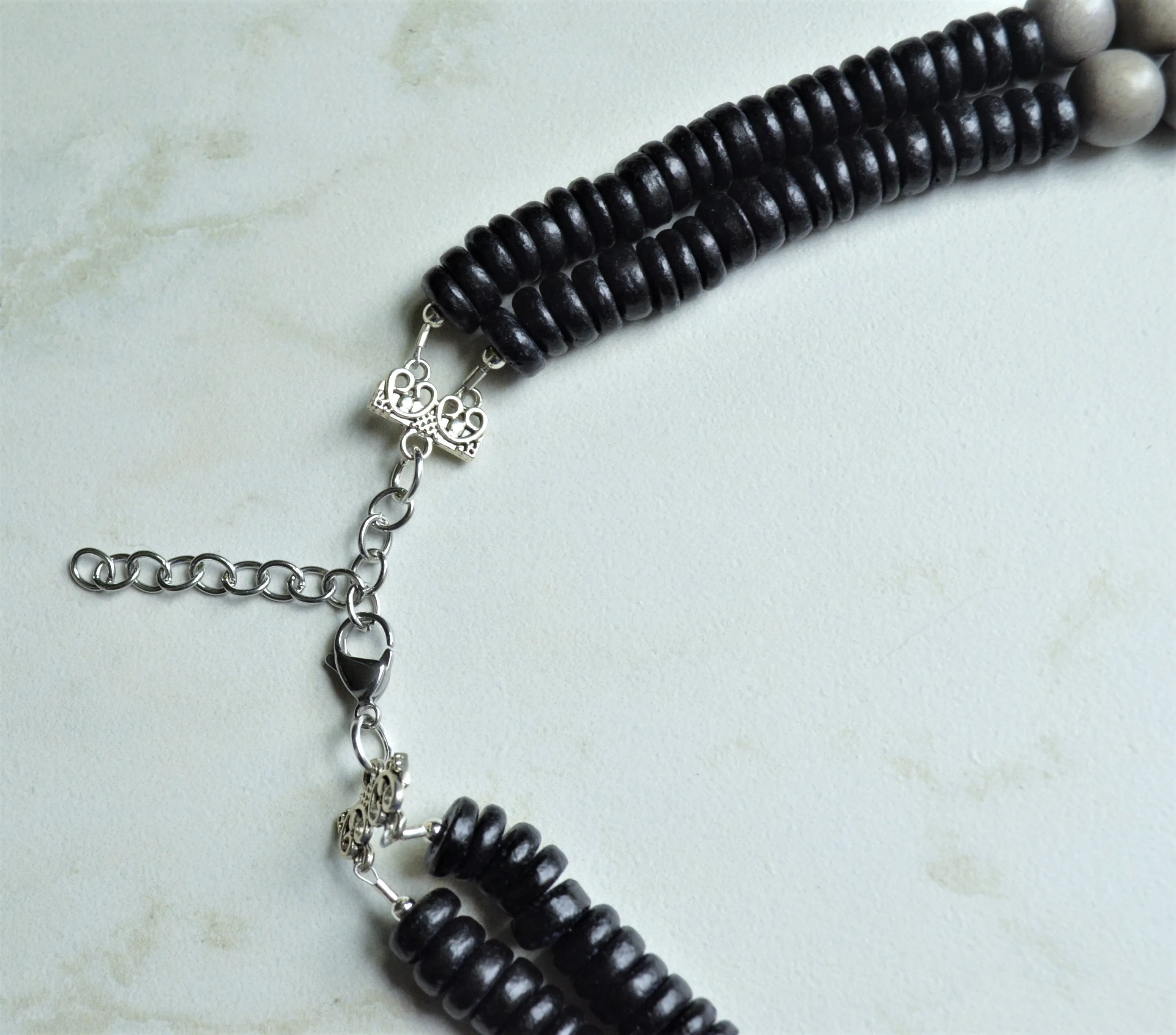 Black Gray Wood Beaded Chunky Block Bead Statement Necklace - Riley