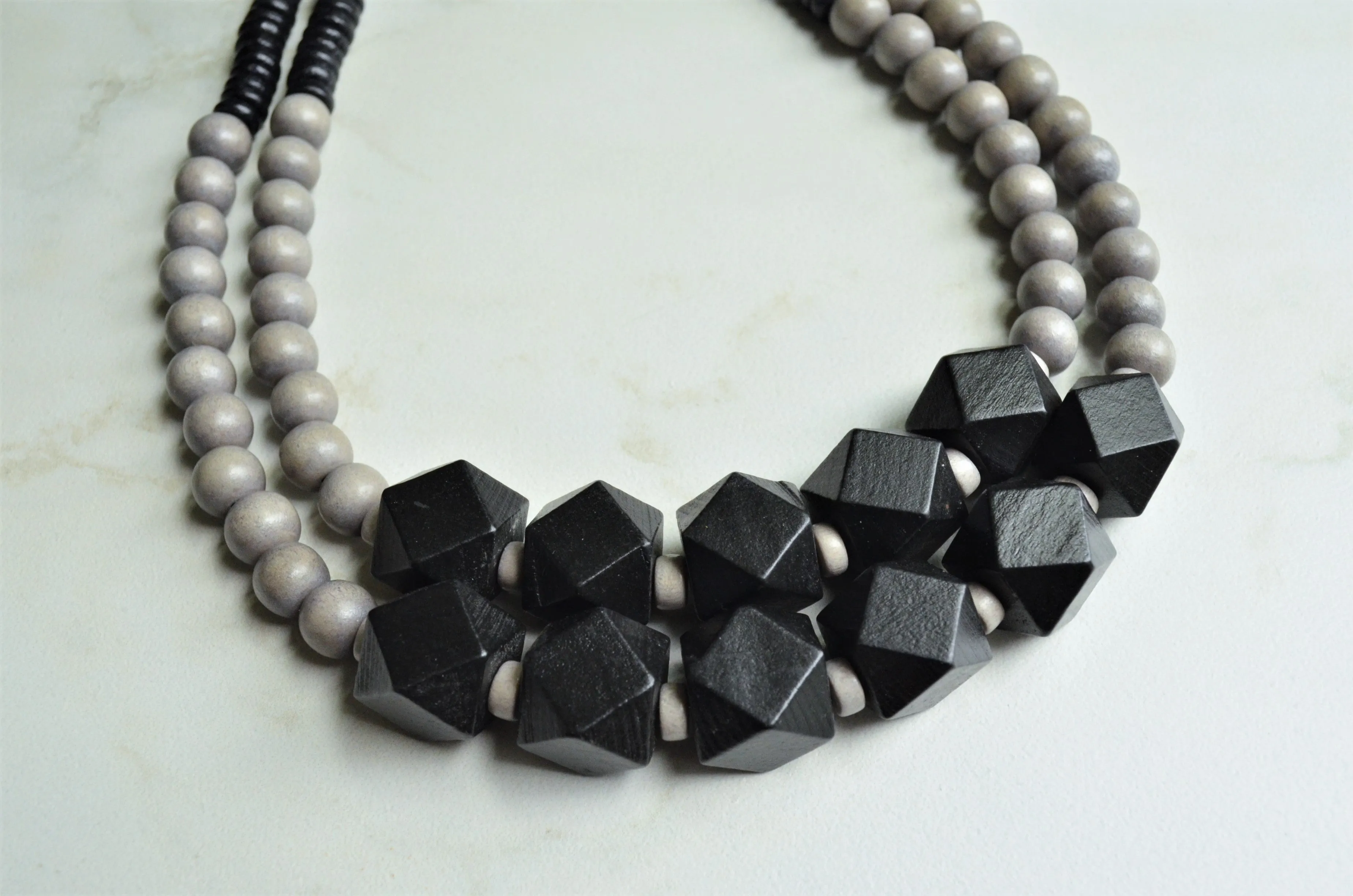 Black Gray Wood Beaded Chunky Block Bead Statement Necklace - Riley