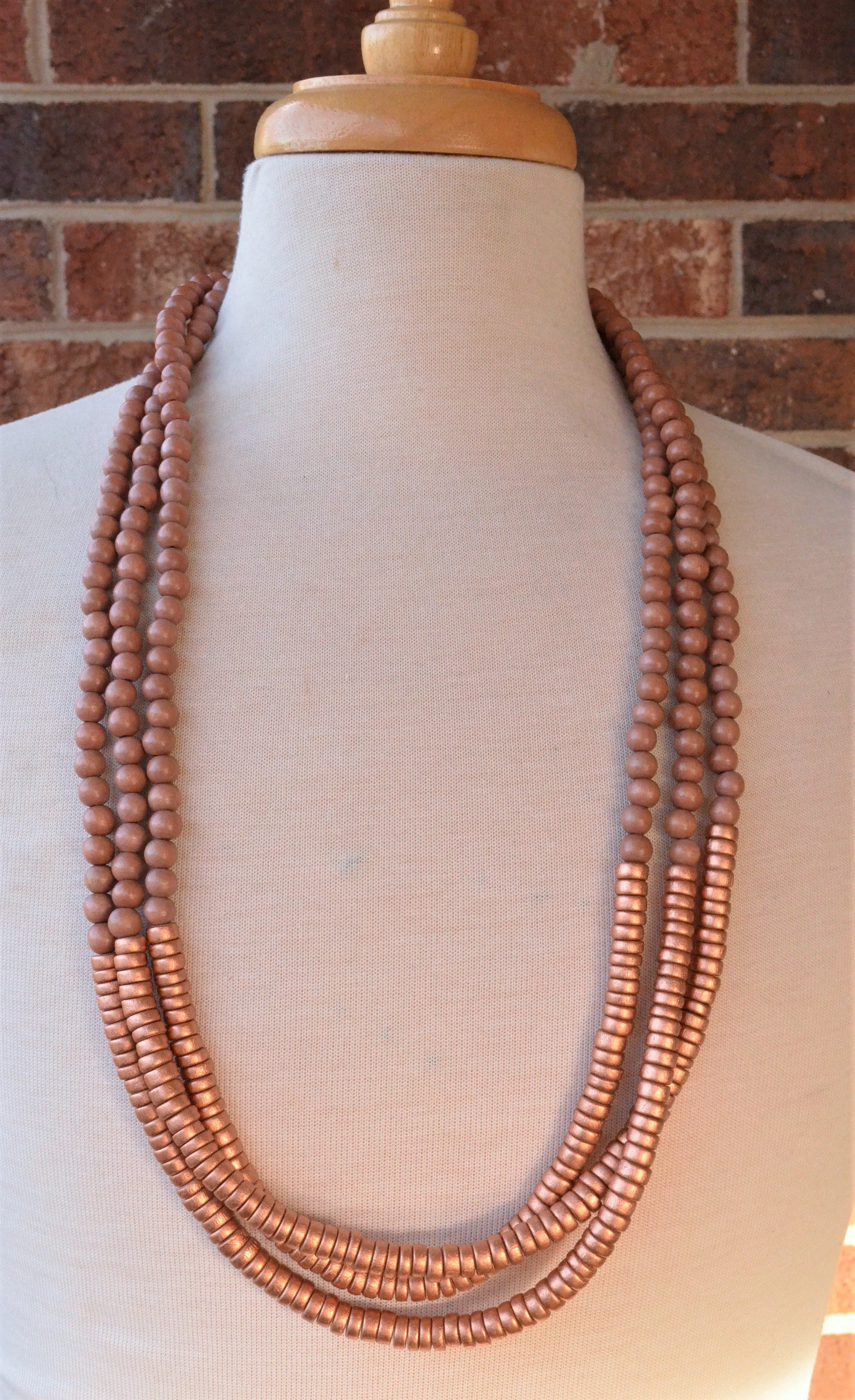 Brown Copper Wood Beaded Long Chunky Bohemian Statement Necklace - Adalyn