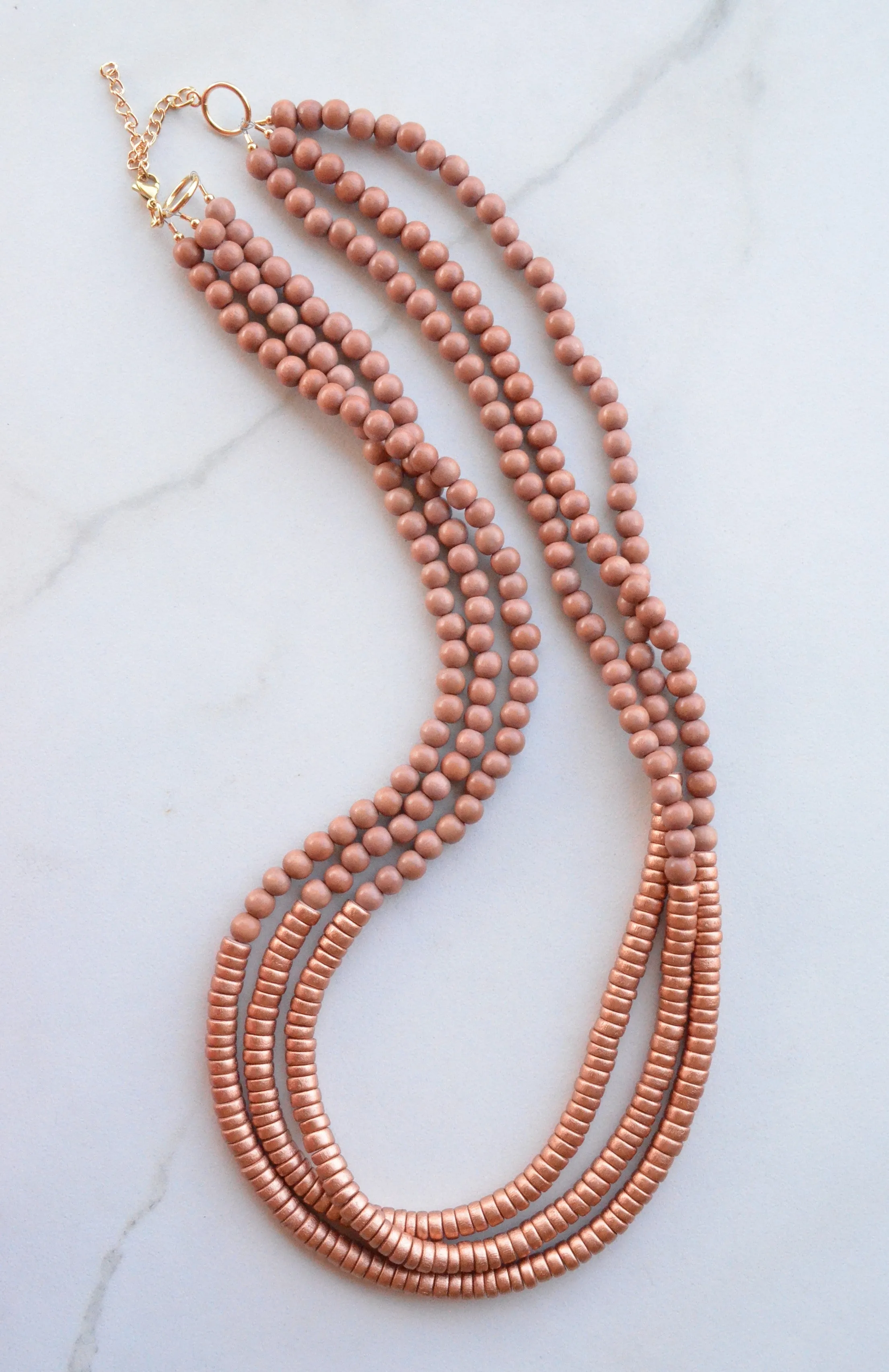 Brown Copper Wood Beaded Long Chunky Bohemian Statement Necklace - Adalyn