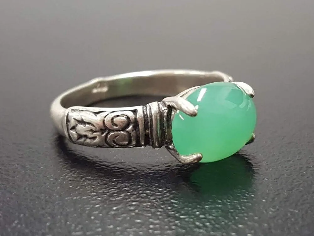 Chrysoprase Boho Ring - Green Solitaire Ring - Tribal Chrysoprase Ring