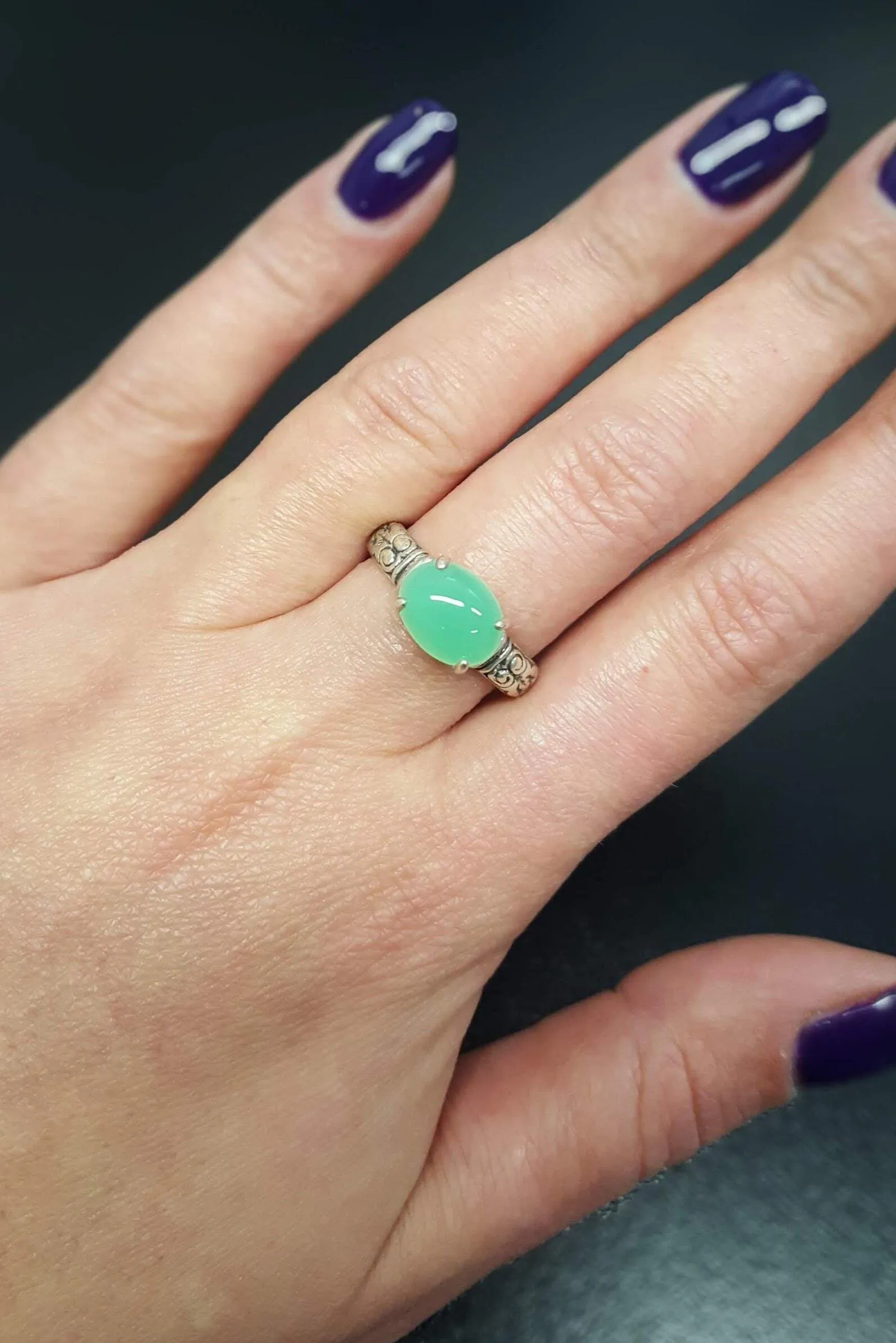 Chrysoprase Boho Ring - Green Solitaire Ring - Tribal Chrysoprase Ring