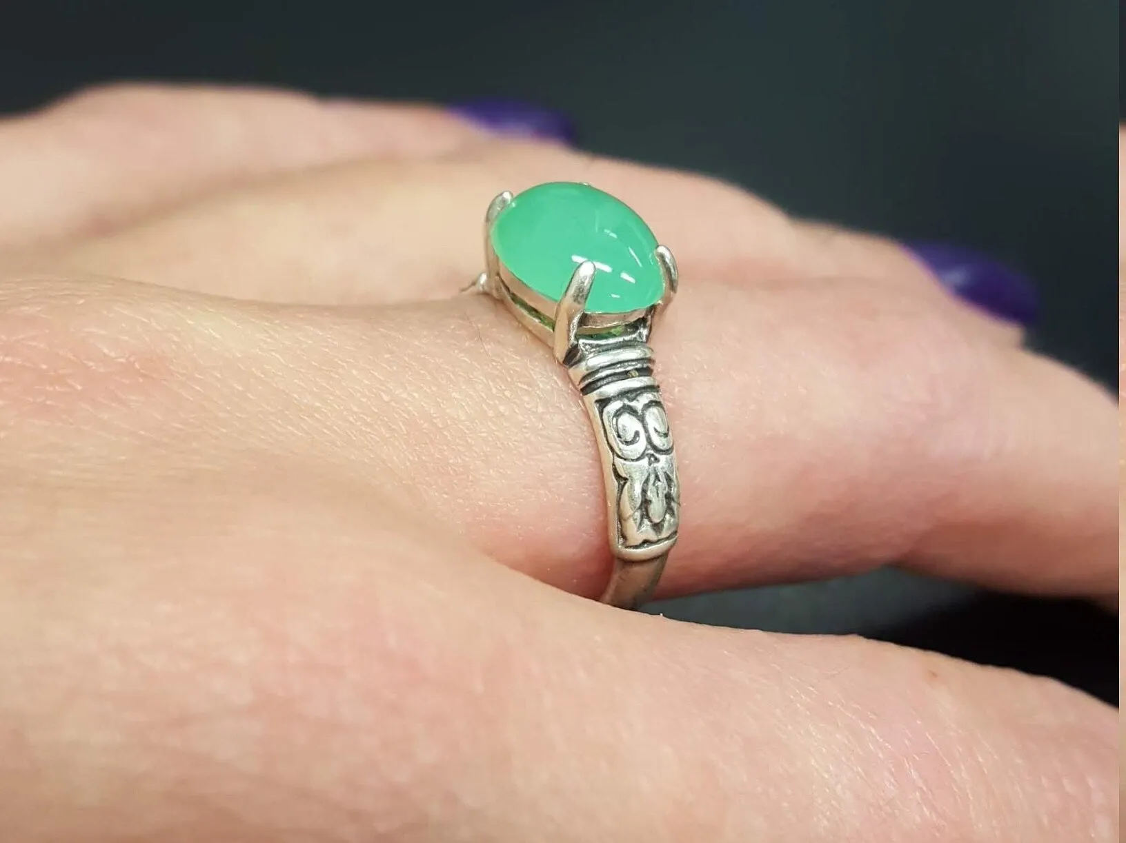 Chrysoprase Boho Ring - Green Solitaire Ring - Tribal Chrysoprase Ring