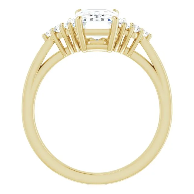 Cubic Zirconia Engagement Ring- The Barb (Customizable 9-stone Design with Emerald Cut Center, Side Baguettes and Tri-Cluster Round Accents)