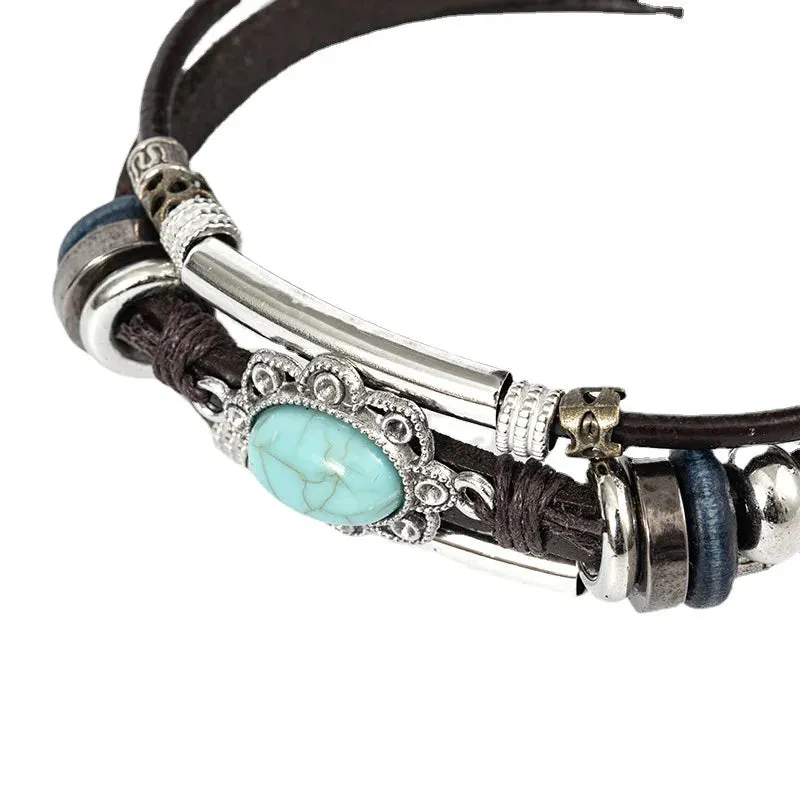 Fashion Vintage Turquoise Bracelet Women Personality Stainless Steel Leather Bracelet Hand-woven Men's Leather Jewelry Trinkets