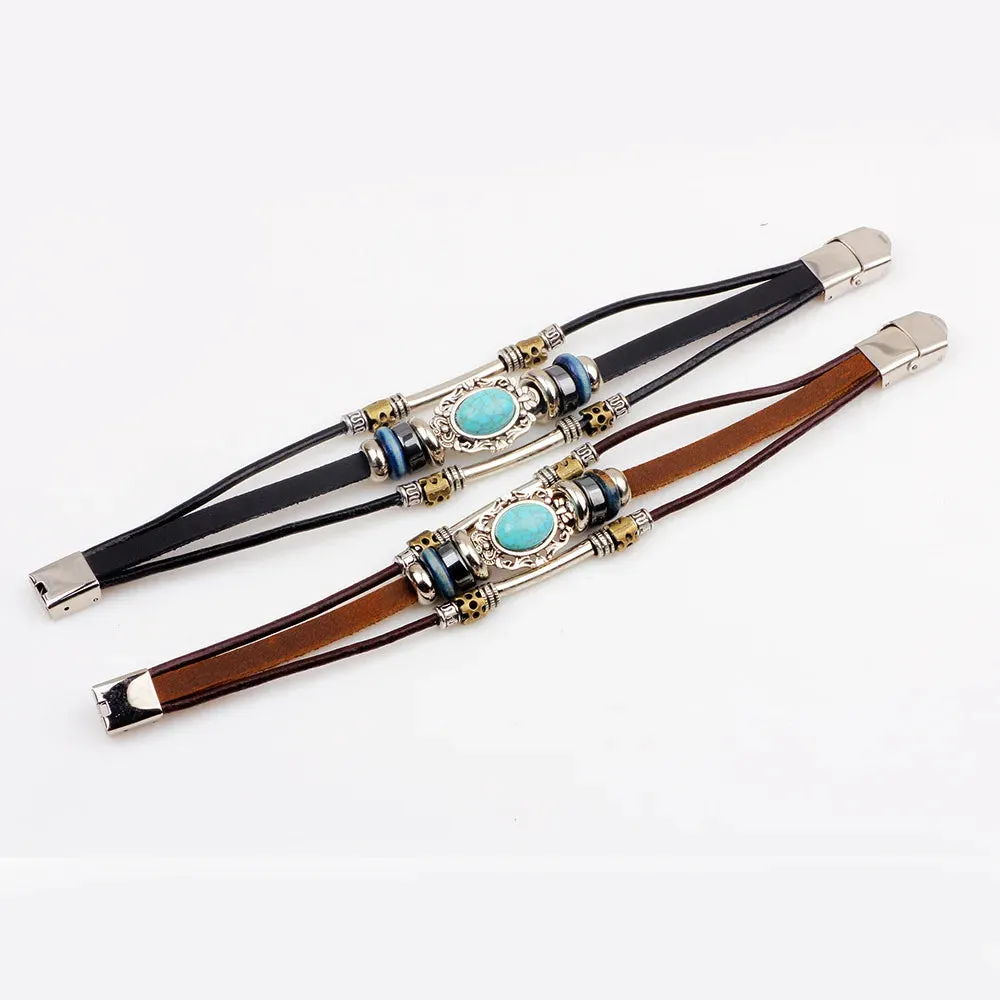 Fashion Vintage Turquoise Bracelet Women Personality Stainless Steel Leather Bracelet Hand-woven Men's Leather Jewelry Trinkets
