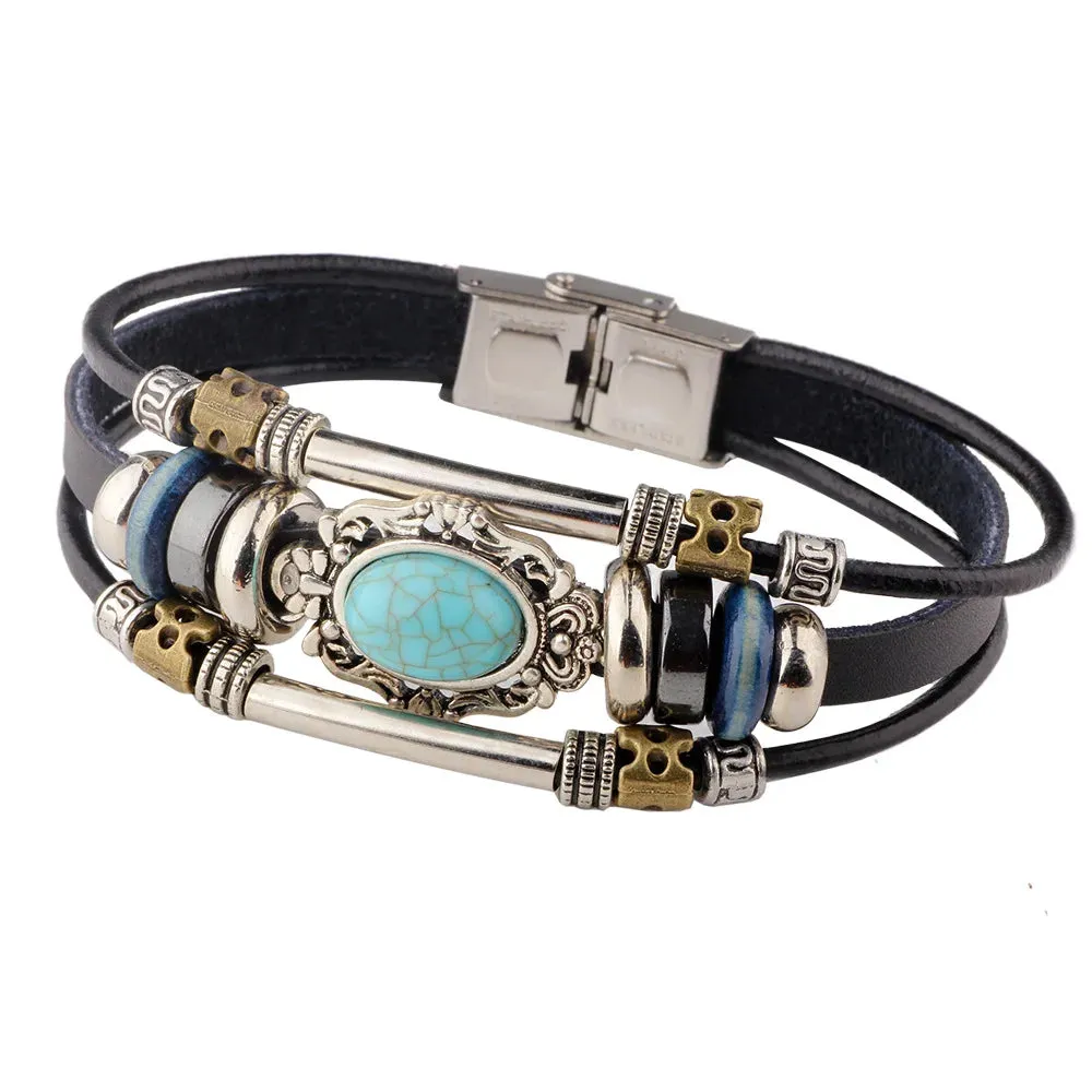 Fashion Vintage Turquoise Bracelet Women Personality Stainless Steel Leather Bracelet Hand-woven Men's Leather Jewelry Trinkets