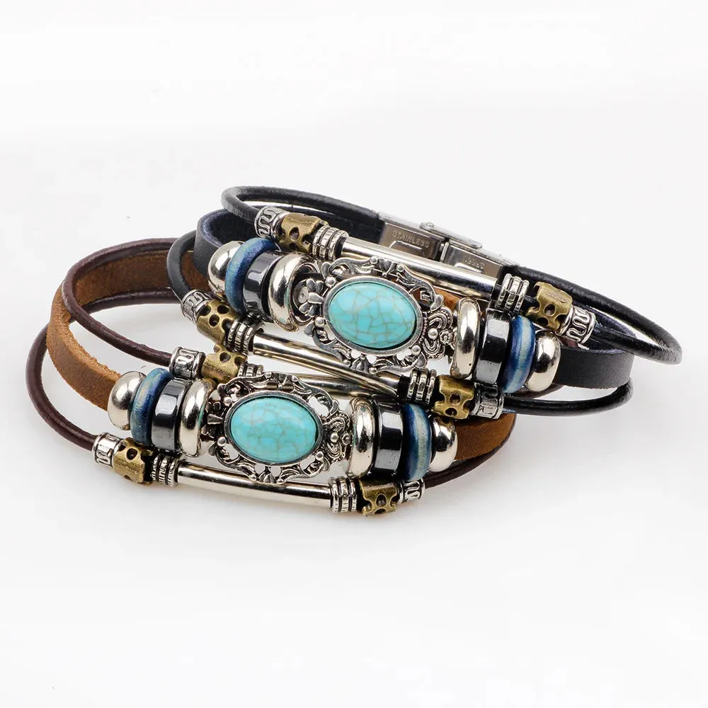 Fashion Vintage Turquoise Bracelet Women Personality Stainless Steel Leather Bracelet Hand-woven Men's Leather Jewelry Trinkets