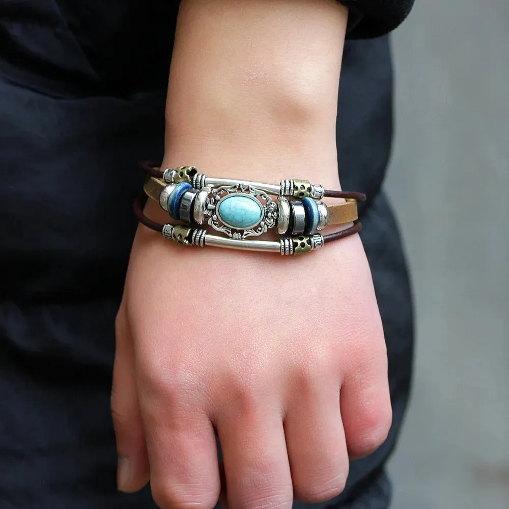 Fashion Vintage Turquoise Bracelet Women Personality Stainless Steel Leather Bracelet Hand-woven Men's Leather Jewelry Trinkets