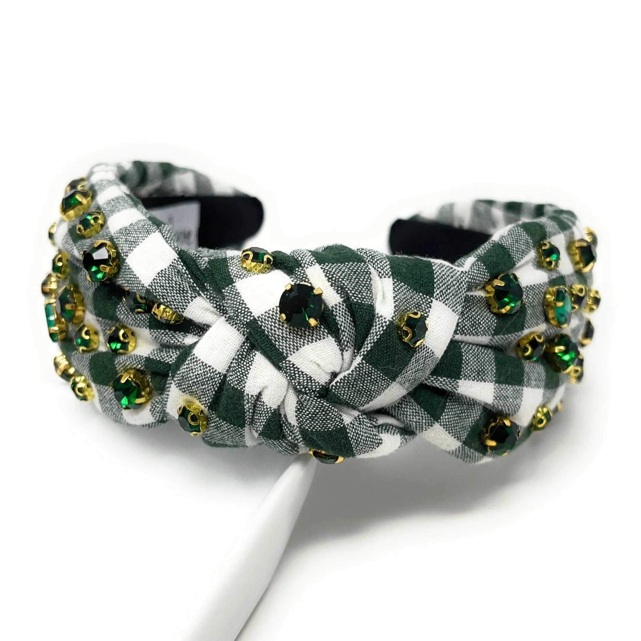 Green Gingham Jeweled Knot Headband