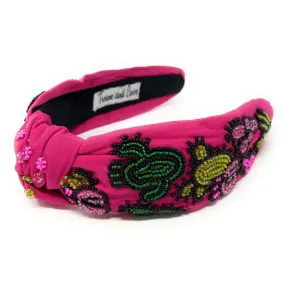 Hand Beaded Fuchsia Succulent Knot Headband