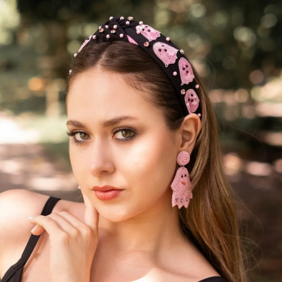 Hand Beaded Pink Ghosts Knot Headband