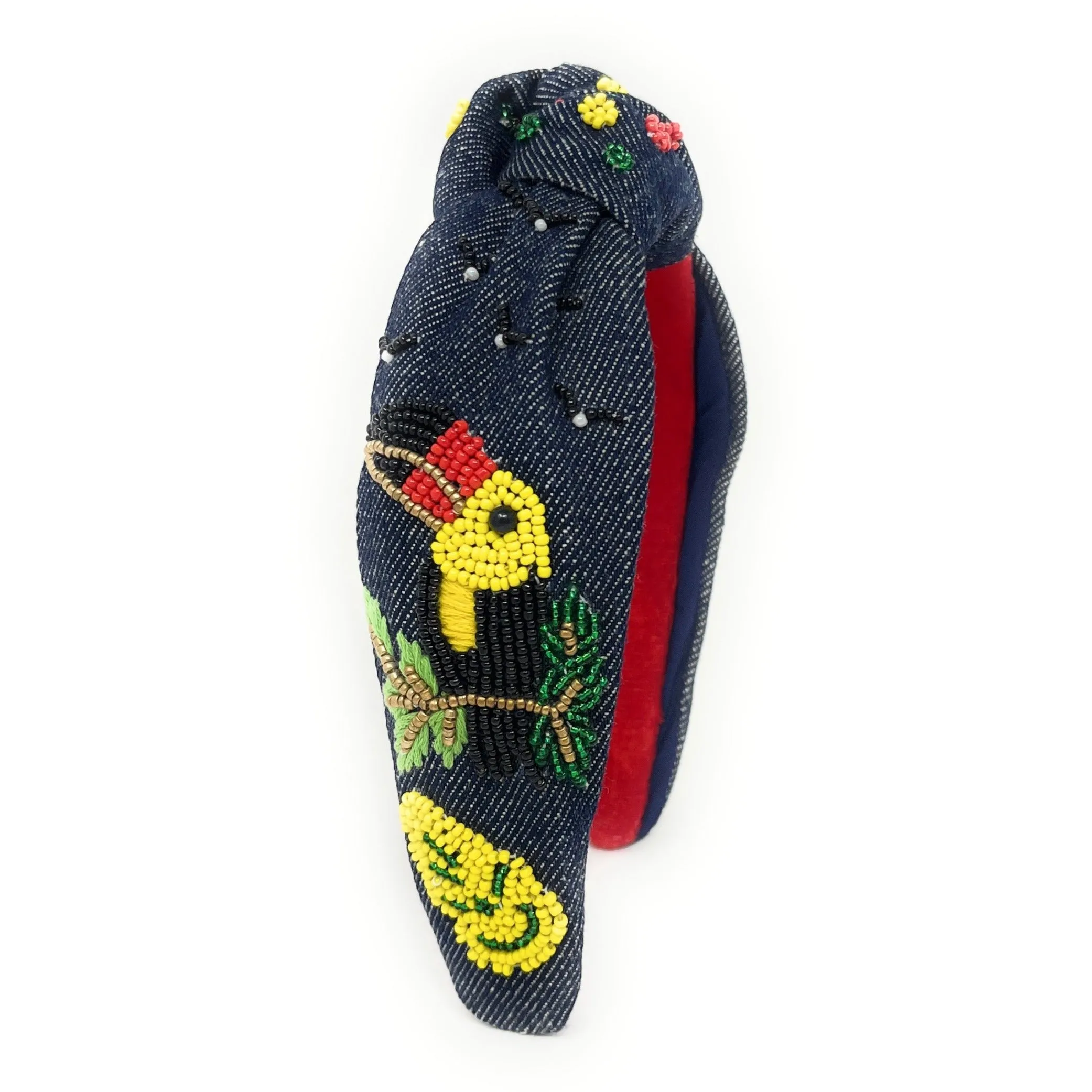 Hand Beaded Toucan Denim Knot Headband