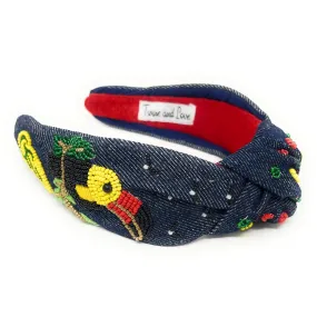 Hand Beaded Toucan Denim Knot Headband