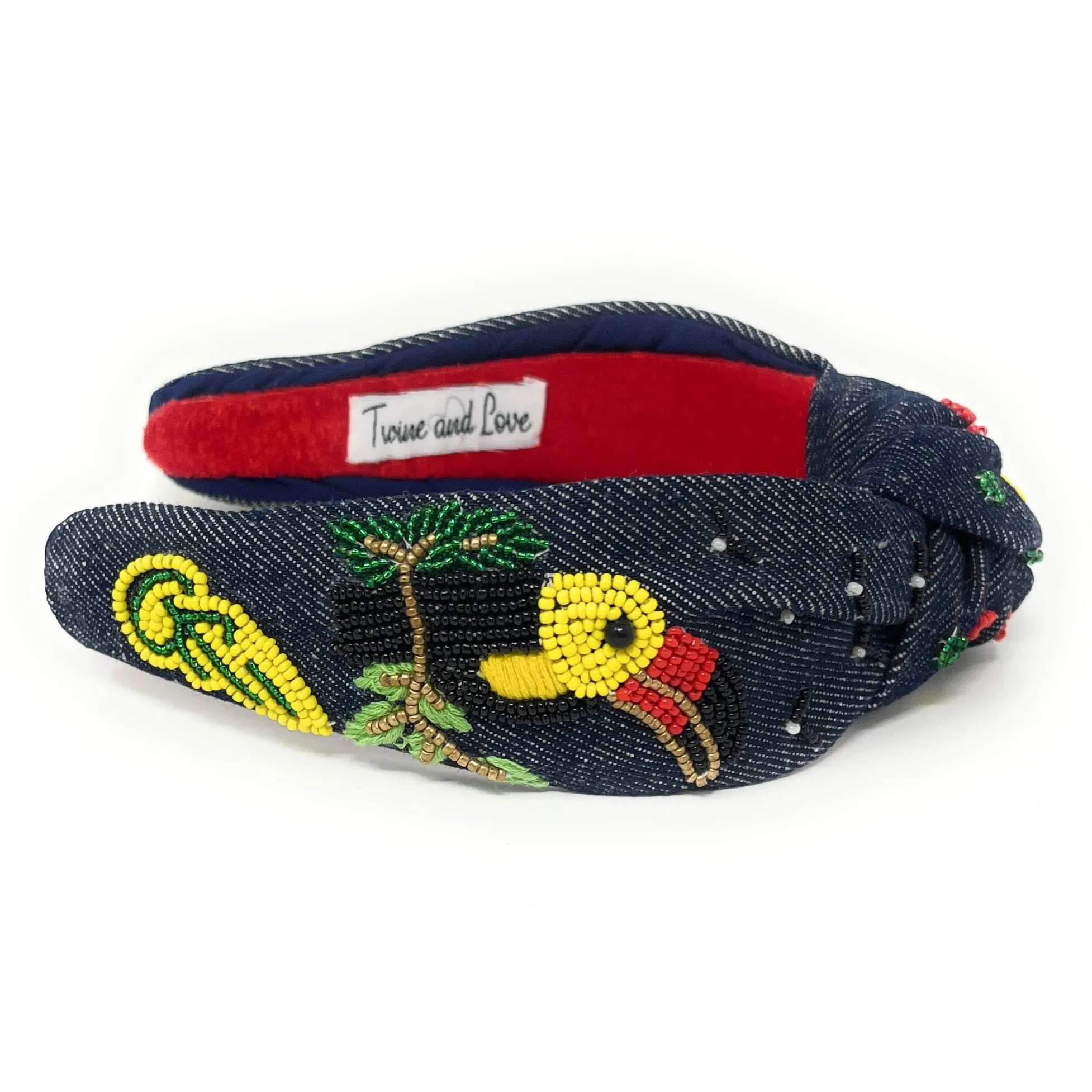 Hand Beaded Toucan Denim Knot Headband