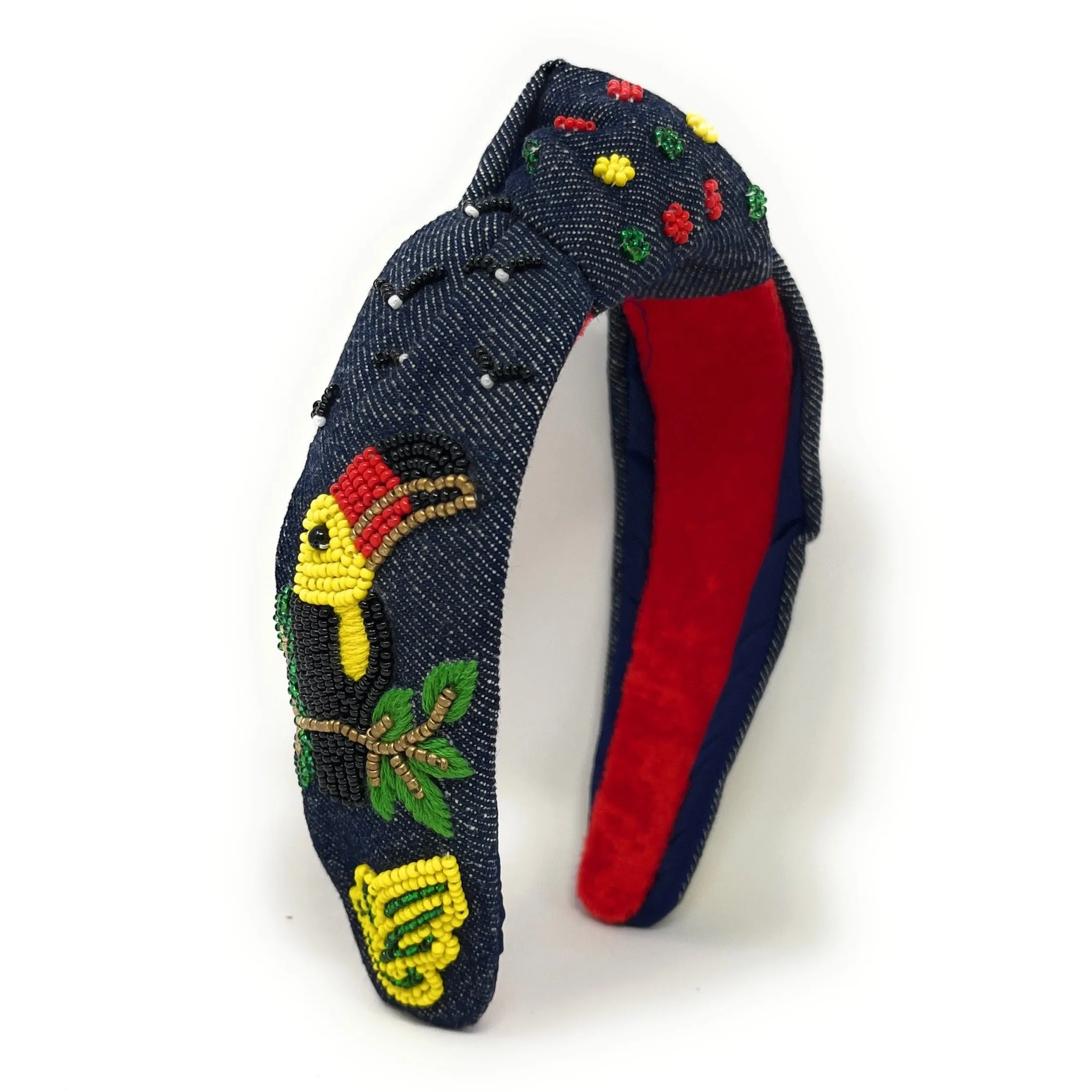 Hand Beaded Toucan Denim Knot Headband