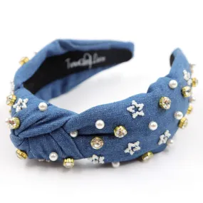 Hand Embellished Denim Knotted Headband