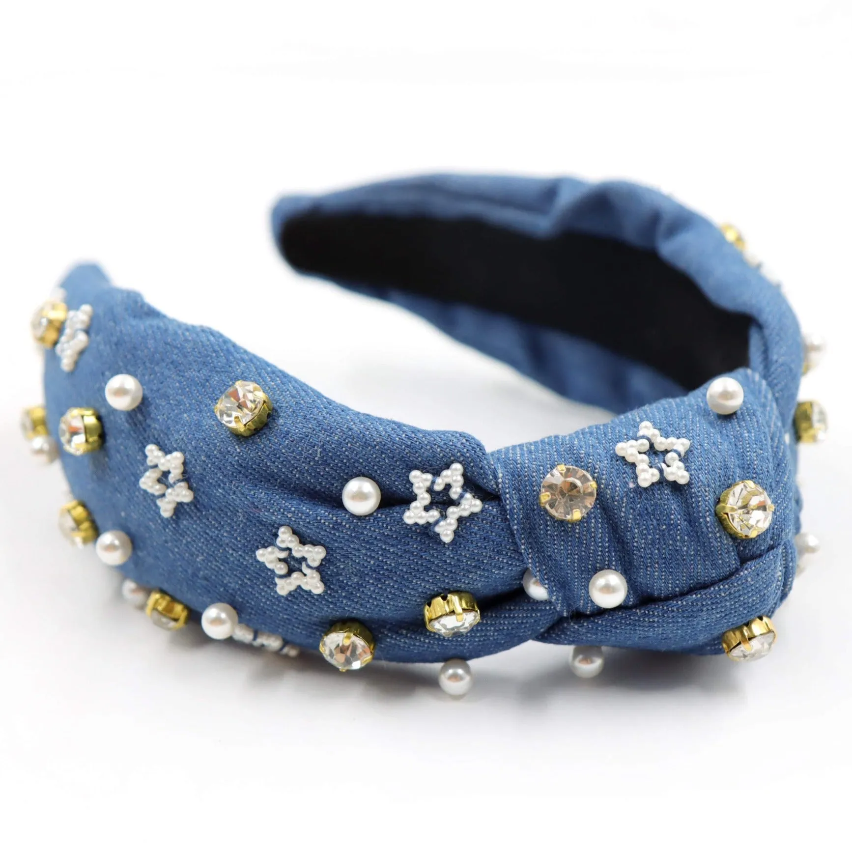 Hand Embellished Denim Knotted Headband