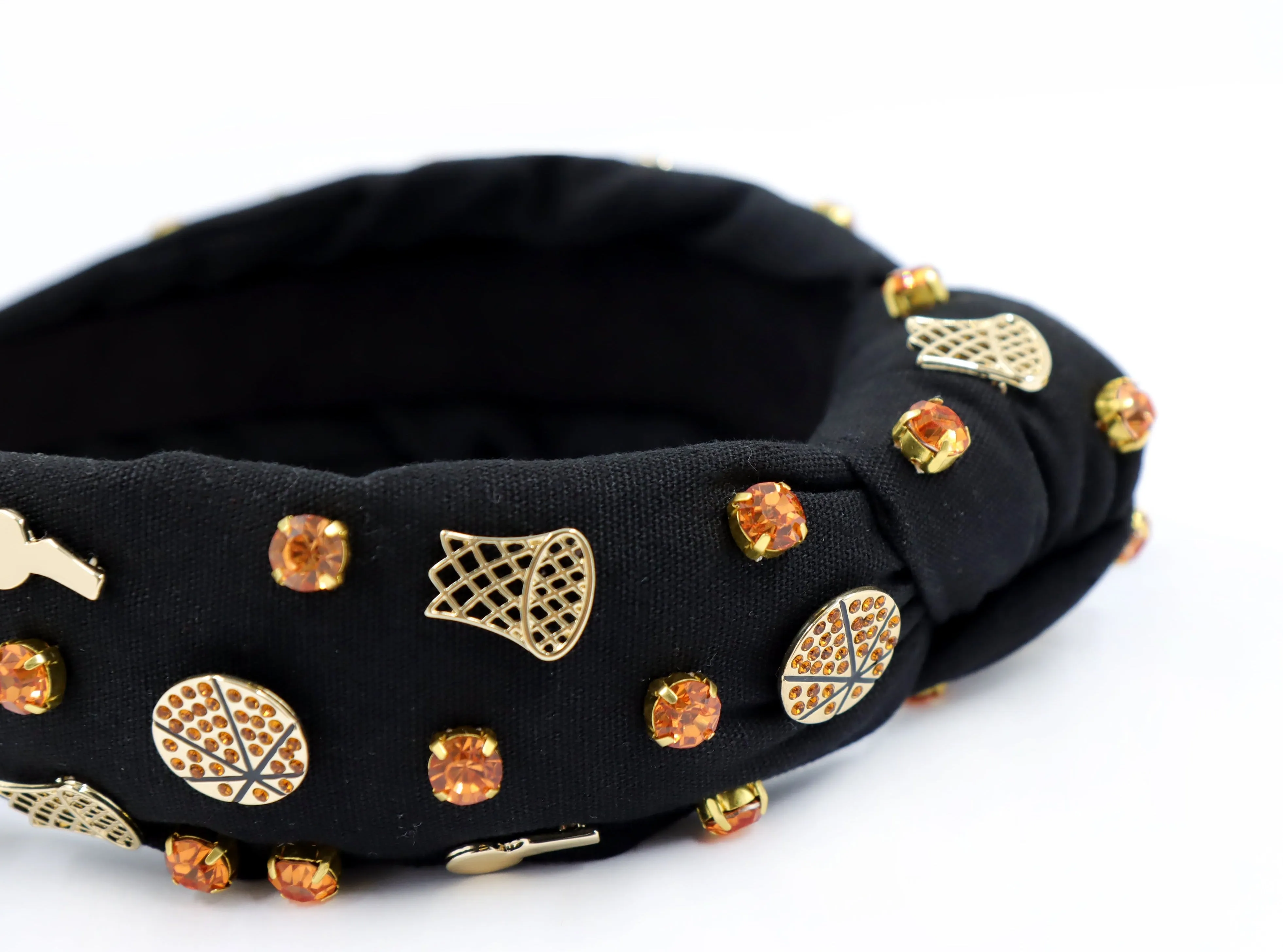 Hand Sewn Black Basketball Jeweled Knot Headband