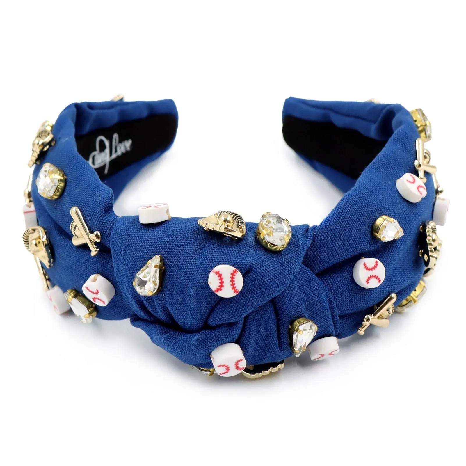 Hand Sewn Blue Baseball Jeweled Knot Headband