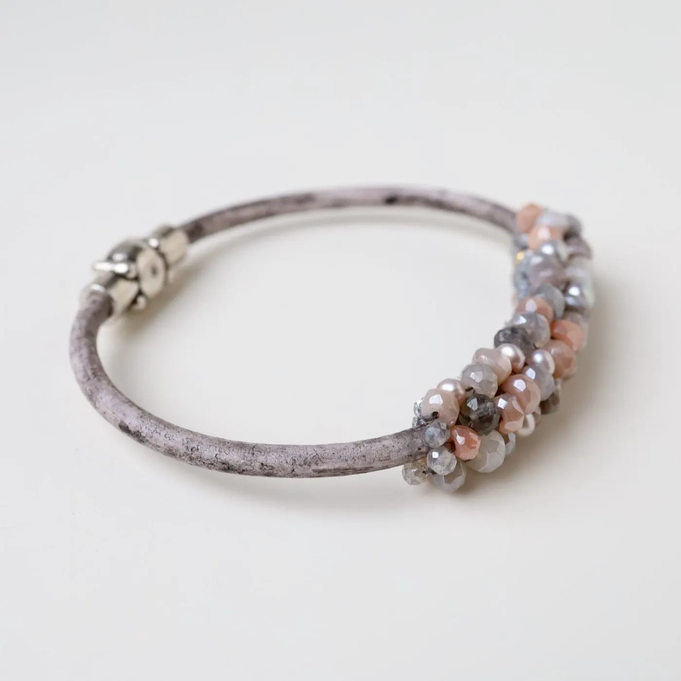 Hand Stitched Coated Peach Moonstone and Labradorite Mix Bracelet