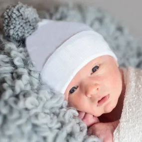 ilybean White Newborn Boy Hospital Hat with Handmade Gray Pom Pom