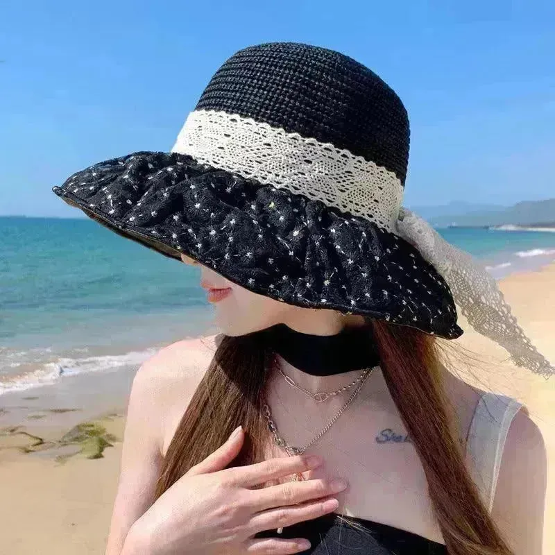 Lace Bow Straw Fisherman Hat Summer Outdoor Sunhat With Large Brim Anti-UV Sunshade And Face Protection Hat