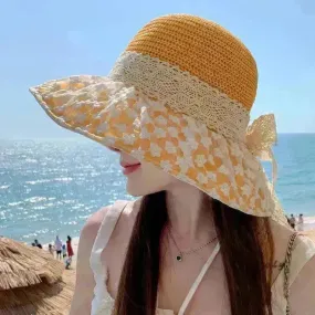 Lace Bow Straw Fisherman Hat Summer Outdoor Sunhat With Large Brim Anti-UV Sunshade And Face Protection Hat