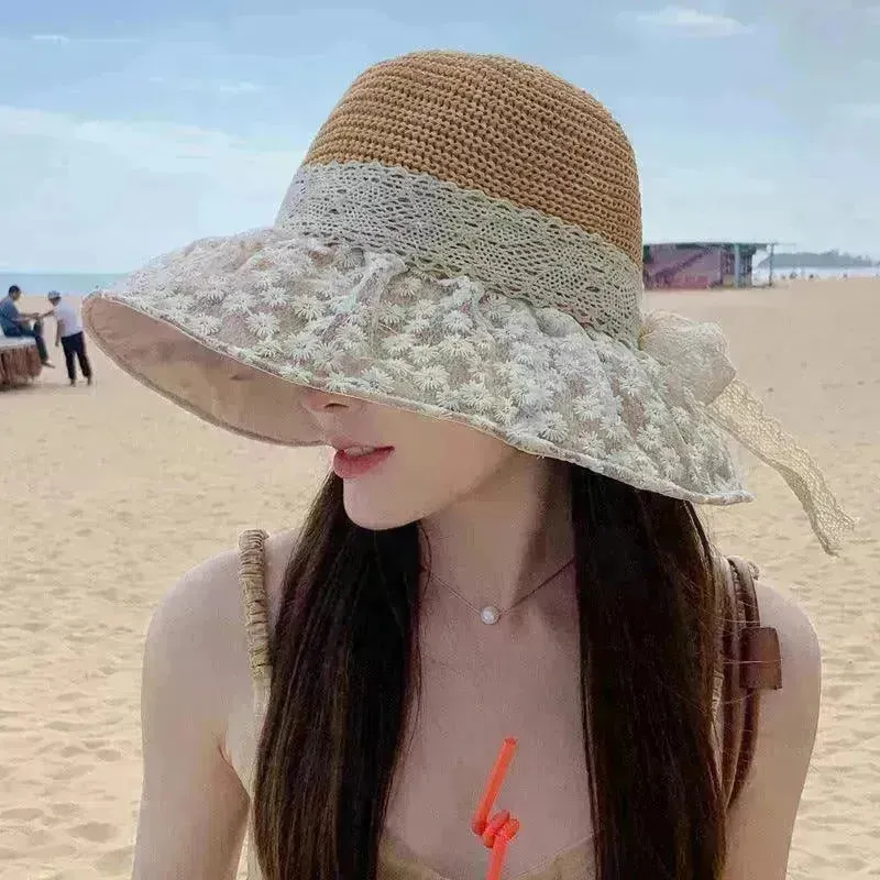Lace Bow Straw Fisherman Hat Summer Outdoor Sunhat With Large Brim Anti-UV Sunshade And Face Protection Hat
