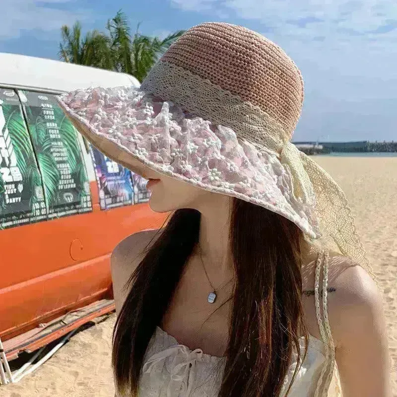 Lace Bow Straw Fisherman Hat Summer Outdoor Sunhat With Large Brim Anti-UV Sunshade And Face Protection Hat