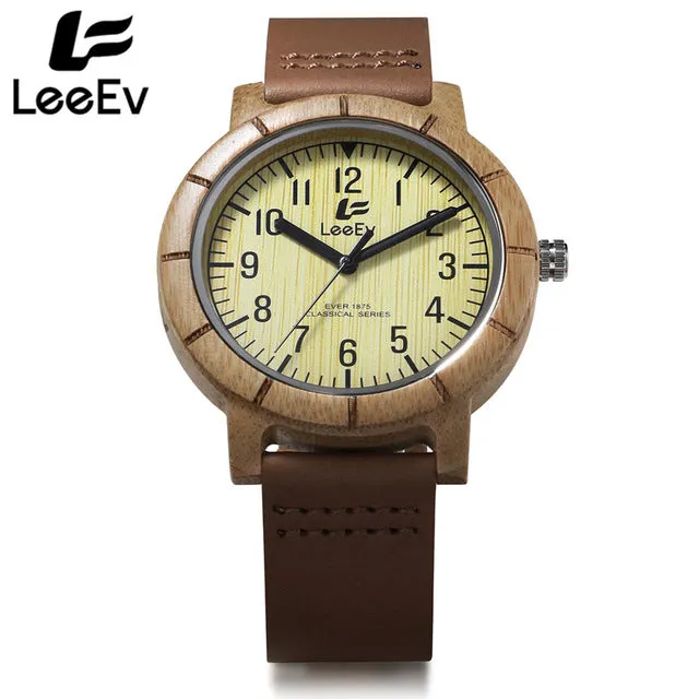 LeeEv Black Ebony Wooden Case Watches Quartz Watch Men Wristwatch Analog Nature Wood Fashion Soft Leather Wristwatches EV1875