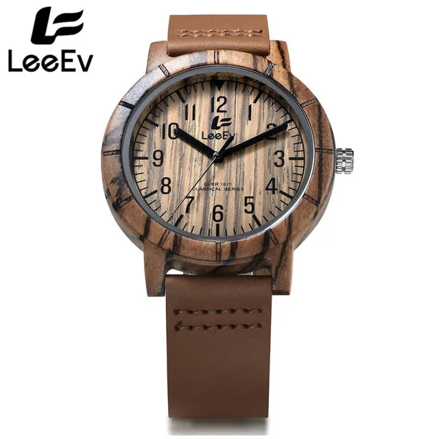 LeeEv Black Ebony Wooden Case Watches Quartz Watch Men Wristwatch Analog Nature Wood Fashion Soft Leather Wristwatches EV1875