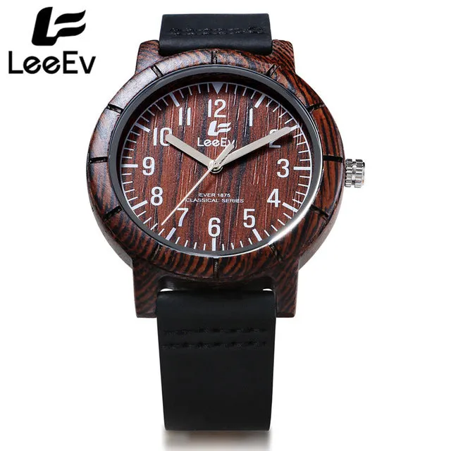LeeEv Black Ebony Wooden Case Watches Quartz Watch Men Wristwatch Analog Nature Wood Fashion Soft Leather Wristwatches EV1875