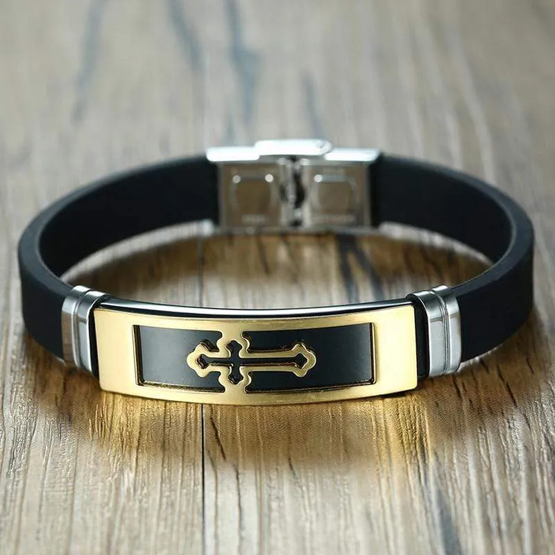 Men's Cross Bracelet <br> Rubber Golden Cross