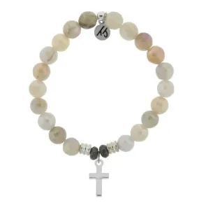 Moonstone Bracelet with Sterling Silver Cross Charm