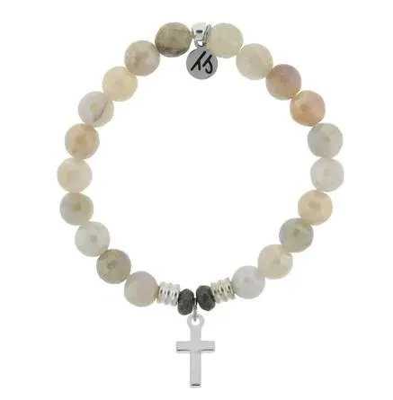Moonstone Bracelet with Sterling Silver Cross Charm