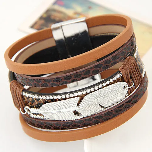 New Fashion Alloy Feather Leaves Wide Magnetic Leather bracelets & bangles Multilayer Bracelets Jewelry for Women Men Gift