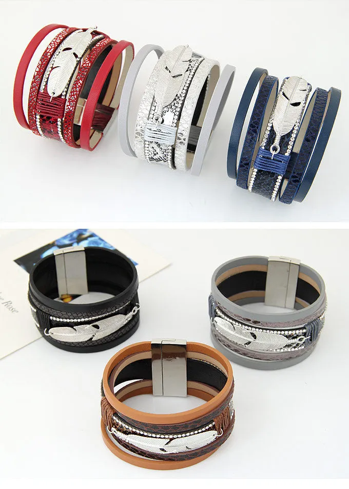New Fashion Alloy Feather Leaves Wide Magnetic Leather bracelets & bangles Multilayer Bracelets Jewelry for Women Men Gift