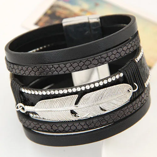 New Fashion Alloy Feather Leaves Wide Magnetic Leather bracelets & bangles Multilayer Bracelets Jewelry for Women Men Gift