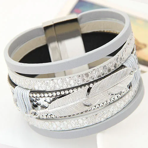 New Fashion Alloy Feather Leaves Wide Magnetic Leather bracelets & bangles Multilayer Bracelets Jewelry for Women Men Gift