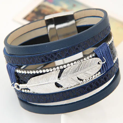 New Fashion Alloy Feather Leaves Wide Magnetic Leather bracelets & bangles Multilayer Bracelets Jewelry for Women Men Gift