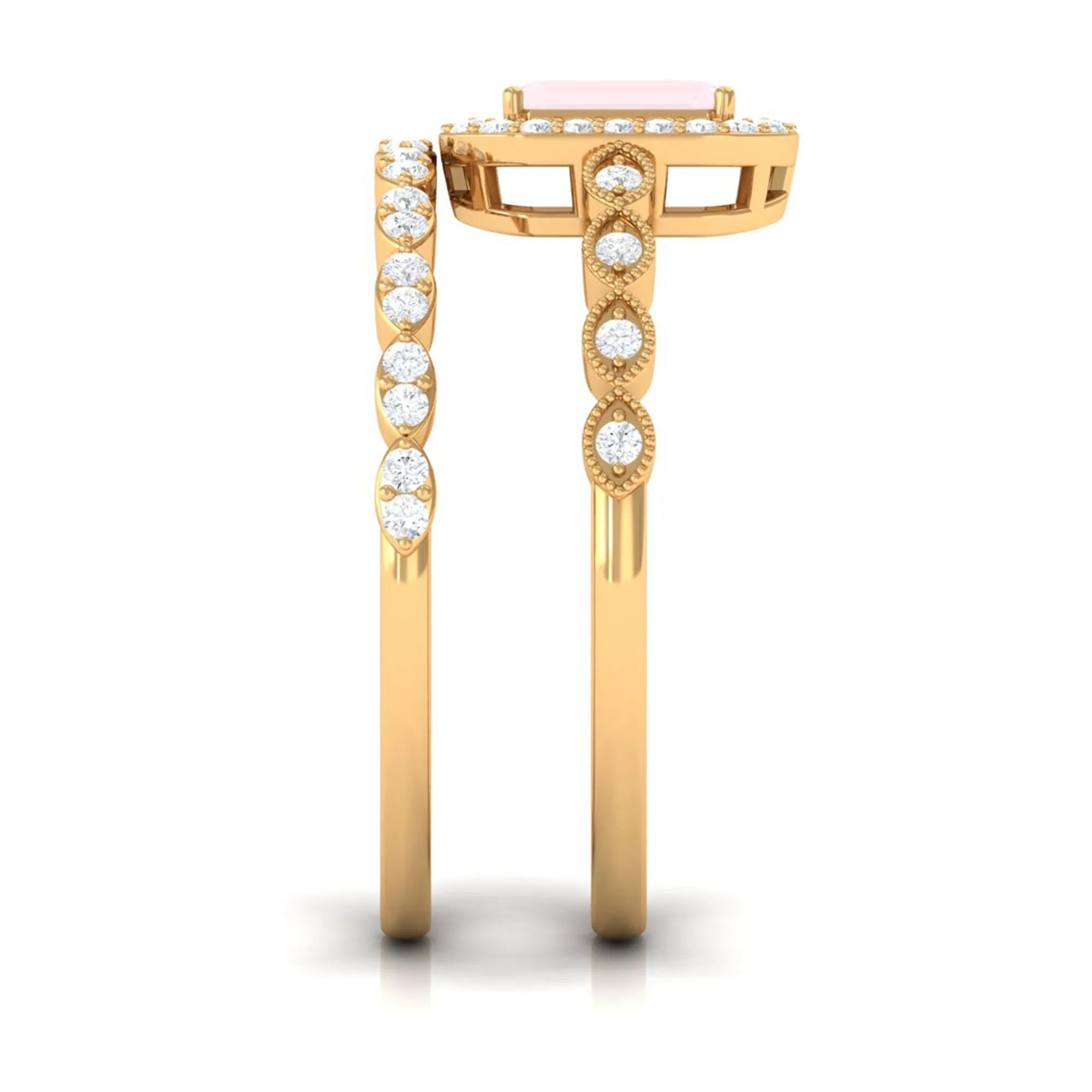 Octagon Cut Rose Quartz and Diamond Designer Ring Set