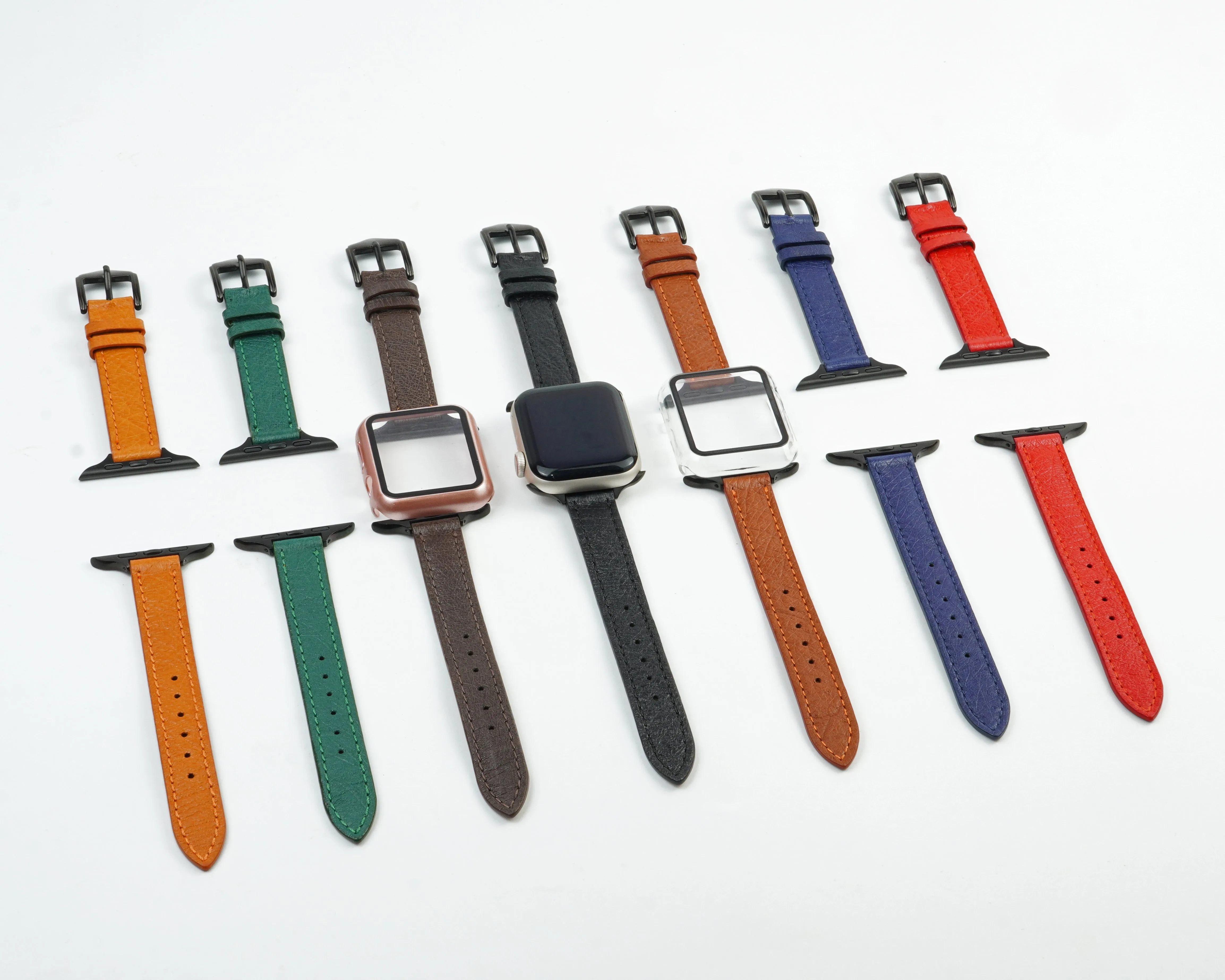 Tan Flat Ostrich Leather Band Compatible Apple Watch Iwatch 41mm Screen Protector Case Black Adapter Replacement Strap For Smartwatch Series 7 8 Leather Handmade AW-182B-W-41MM