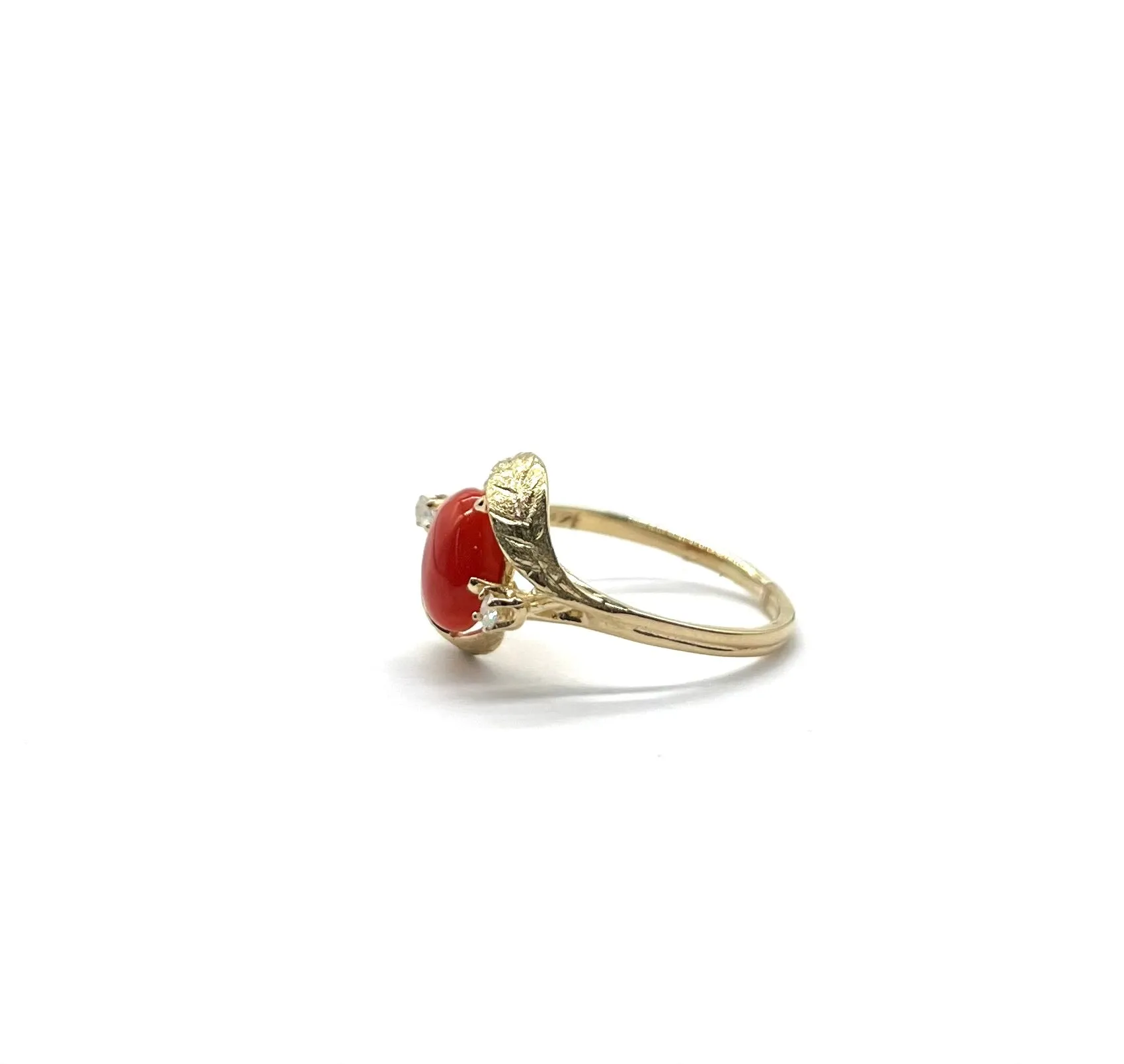 Vintage Coral and Diamond Leaf Ring